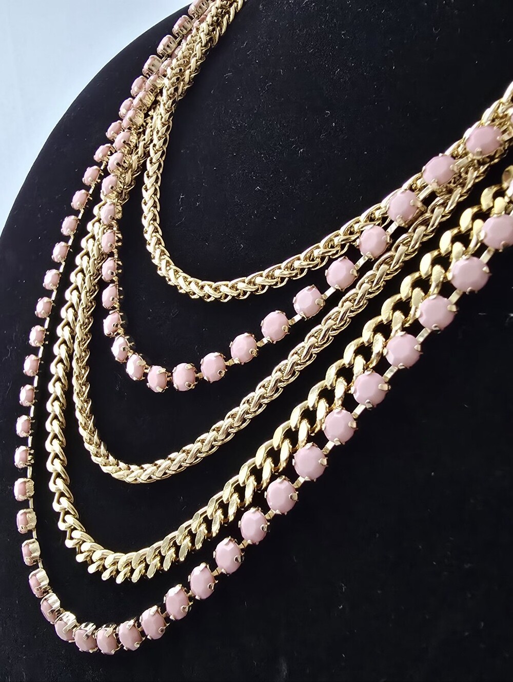 Cara New York - Gold Multi-Strand Necklace with Pink Crystals
